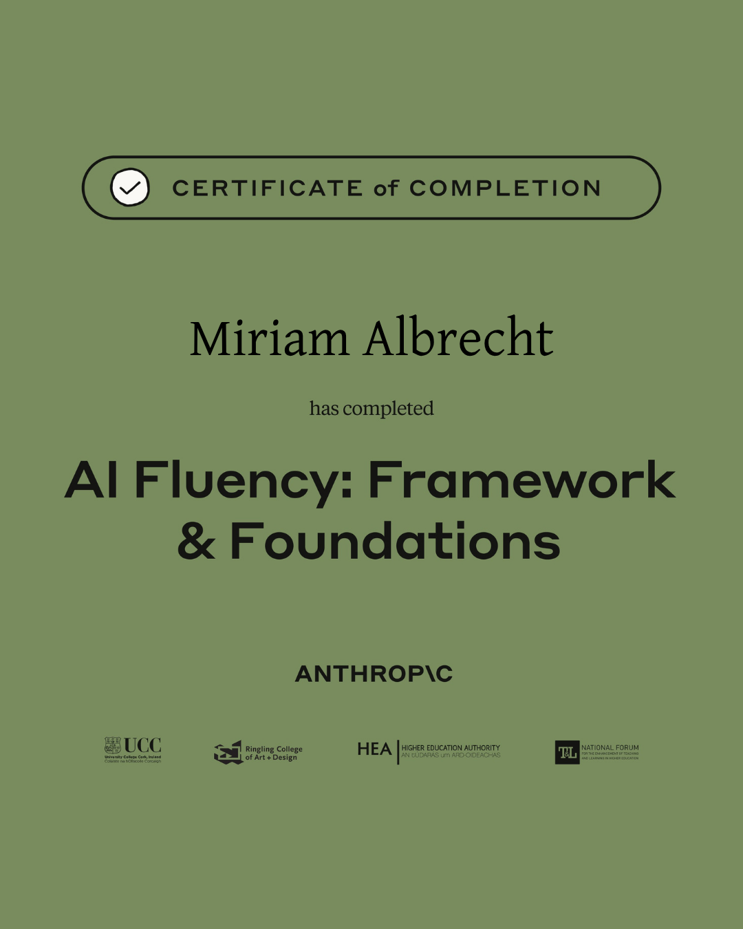 Zertifikat AI Fluency, ausgestellt von Anthropic
